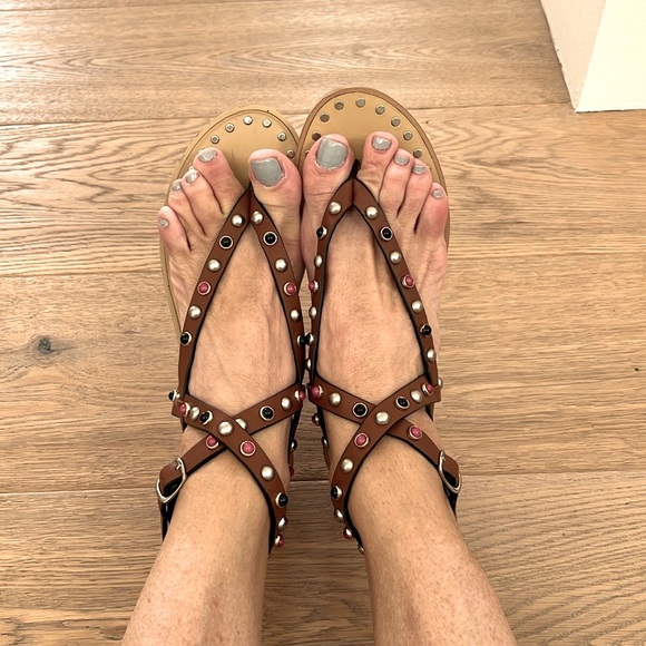 Anthropologie BWT Bibi Lou with multicolor studs Great Statement flat sandal ♥️ - Picture 1 of 12